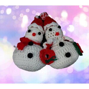 Christmas Handmade Crochet Snowman Snowlady Decoration Red White Vintage